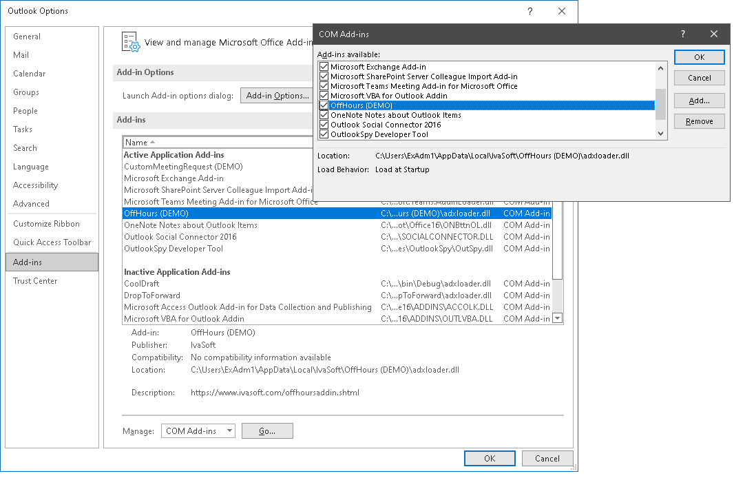OffHours addin installation Picture 1